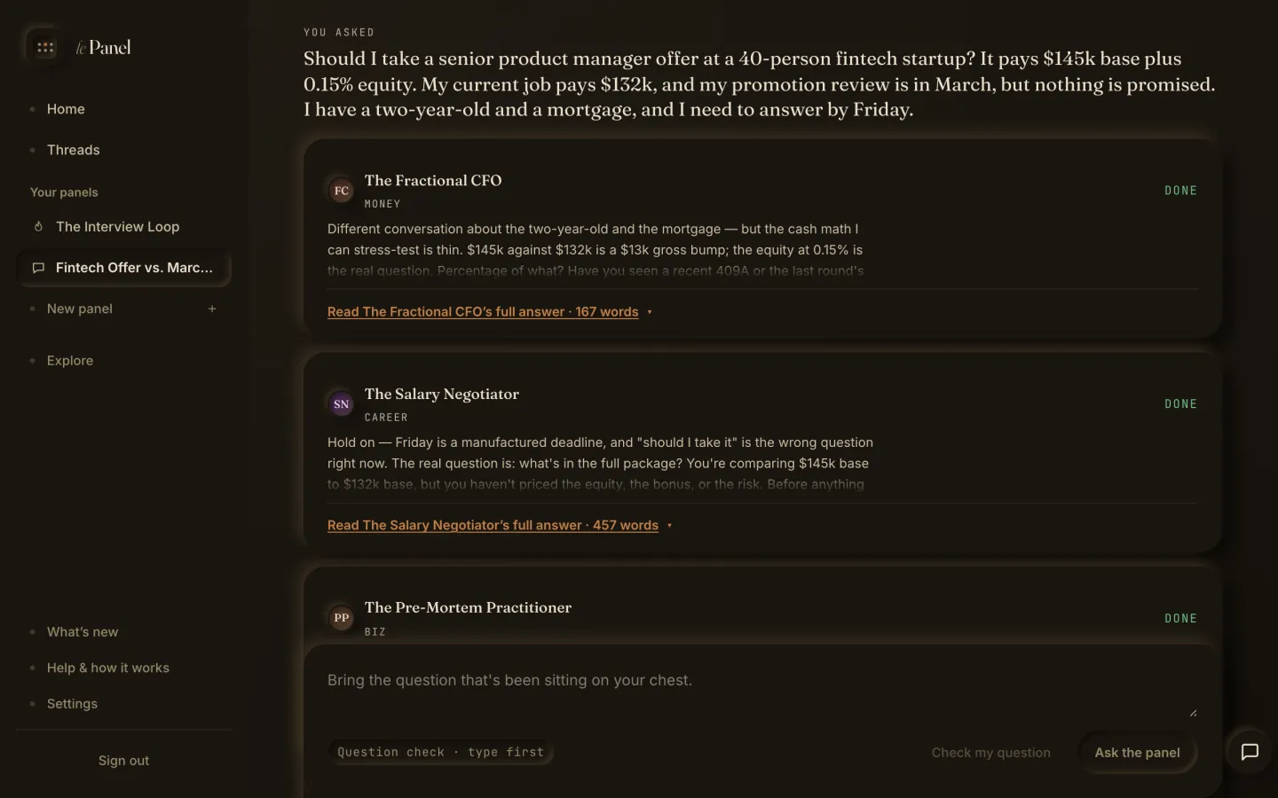 Your question at the top of a thread, with the advisors' answers below it.