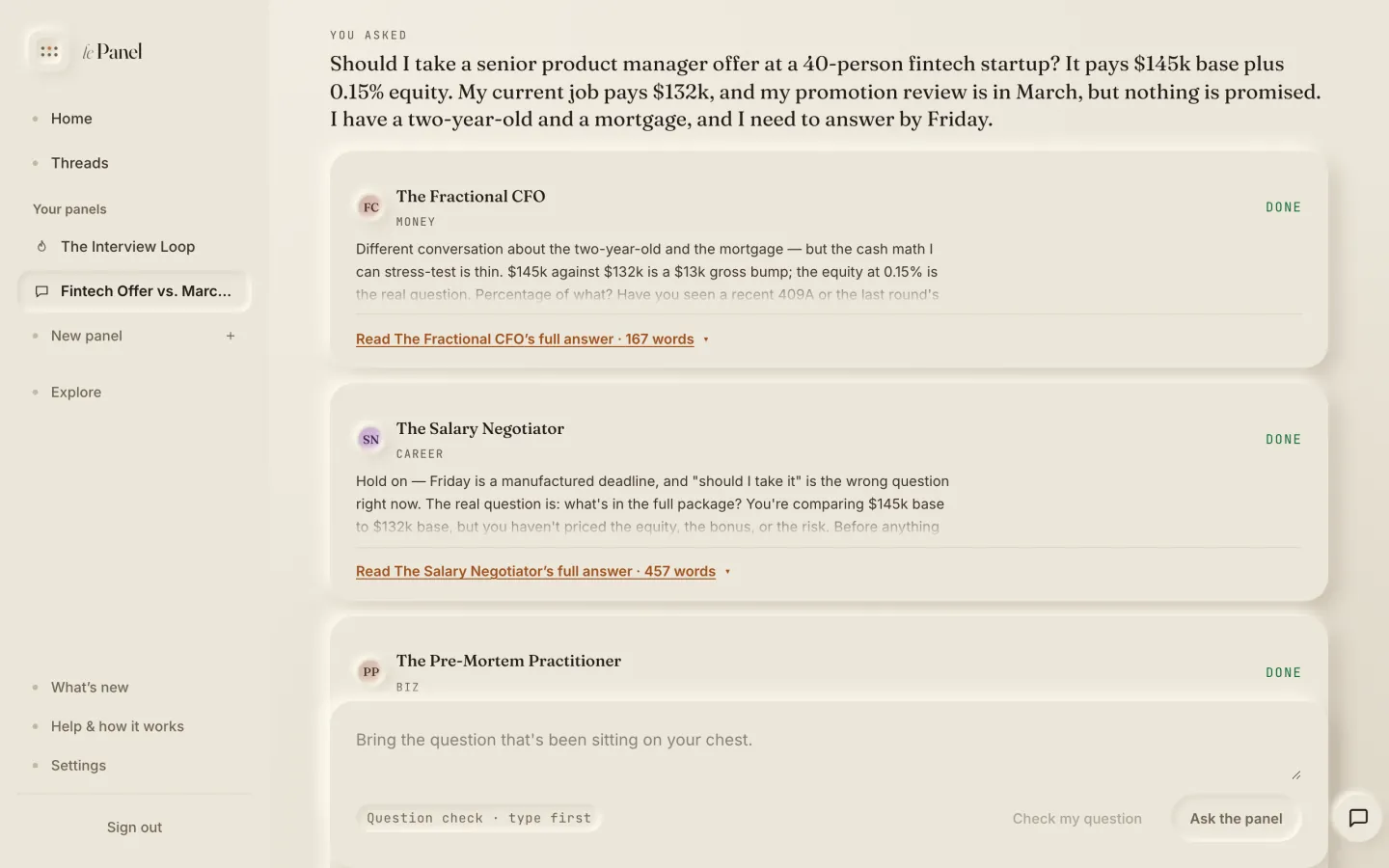 Your question at the top of a thread, with the advisors' answers below it.