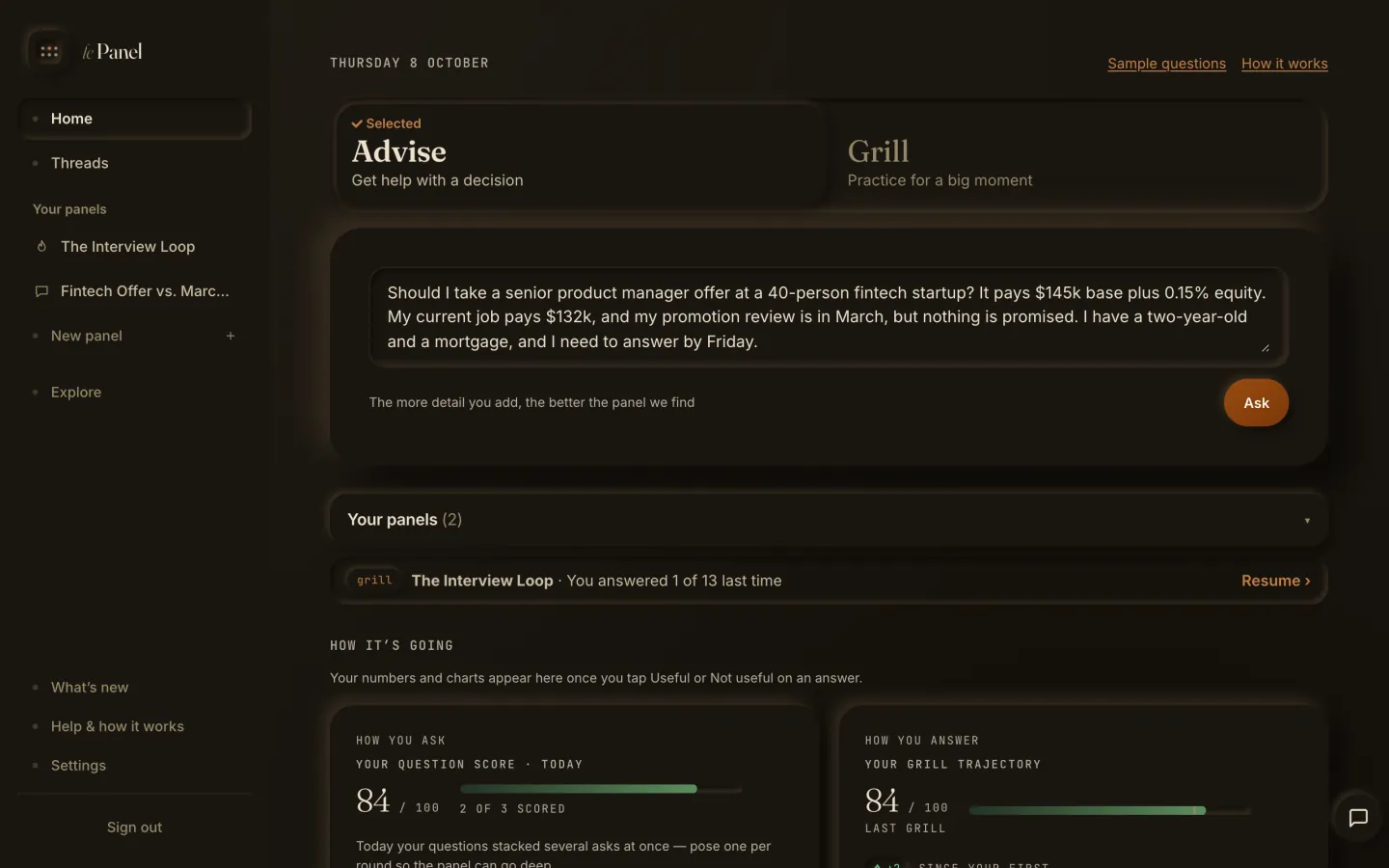 The Home page with a job-offer question typed into the ask box.