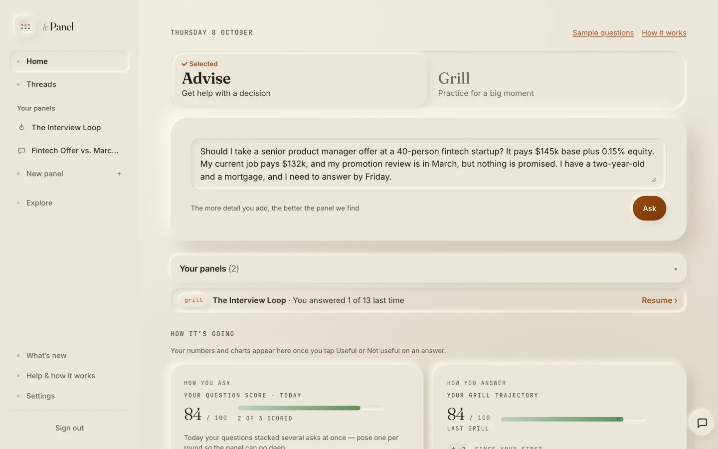 The Home page with a job-offer question typed into the ask box.