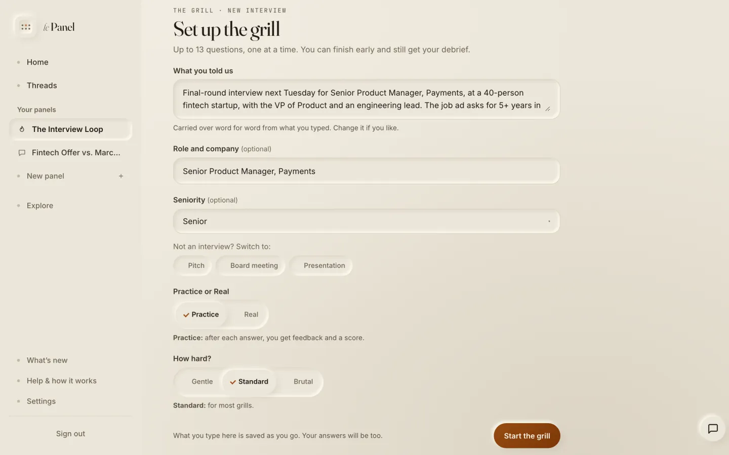 The grill setup, with the situation and the role filled in.