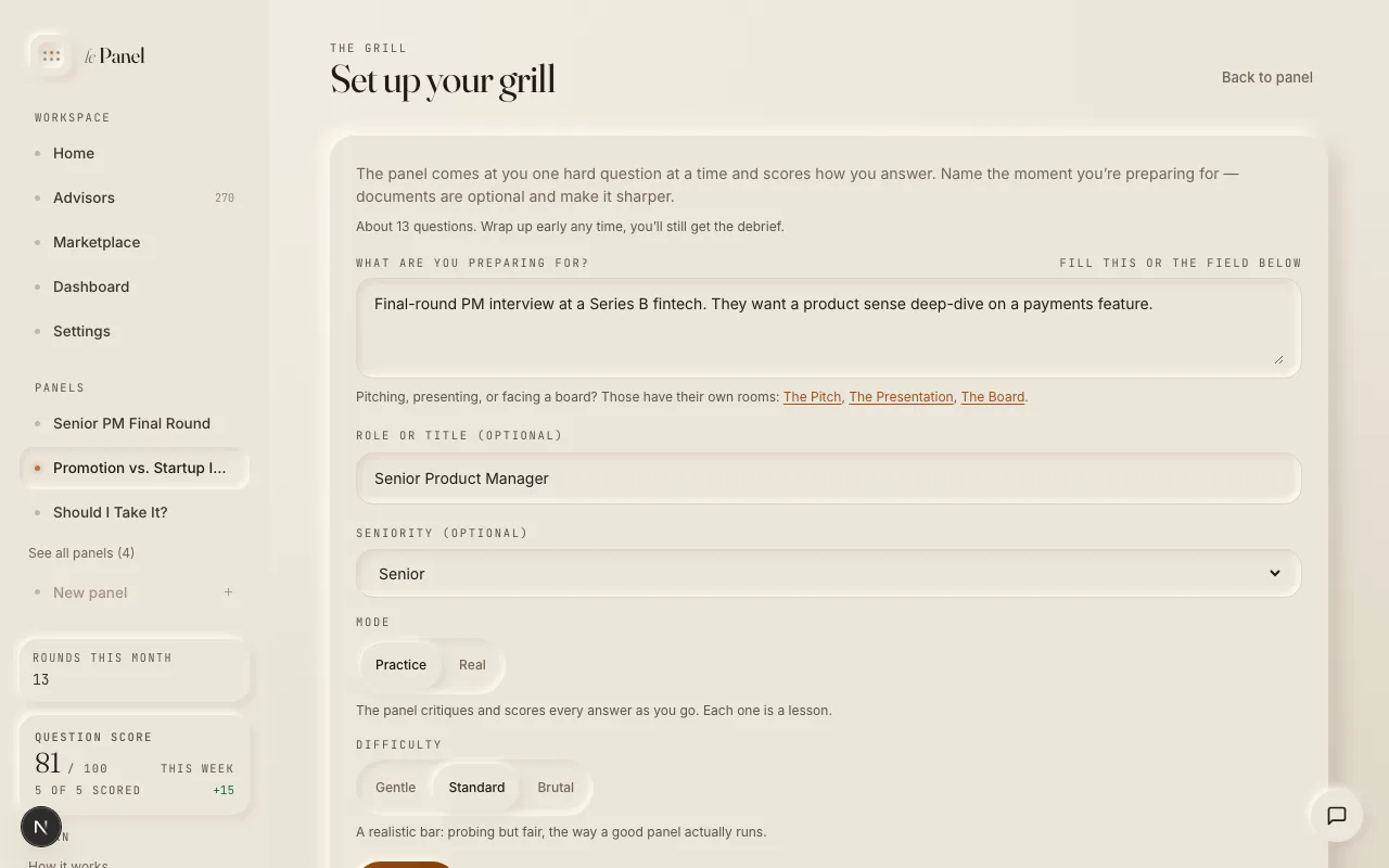 The grill setup: the role and the scenario typed into the context fields.
