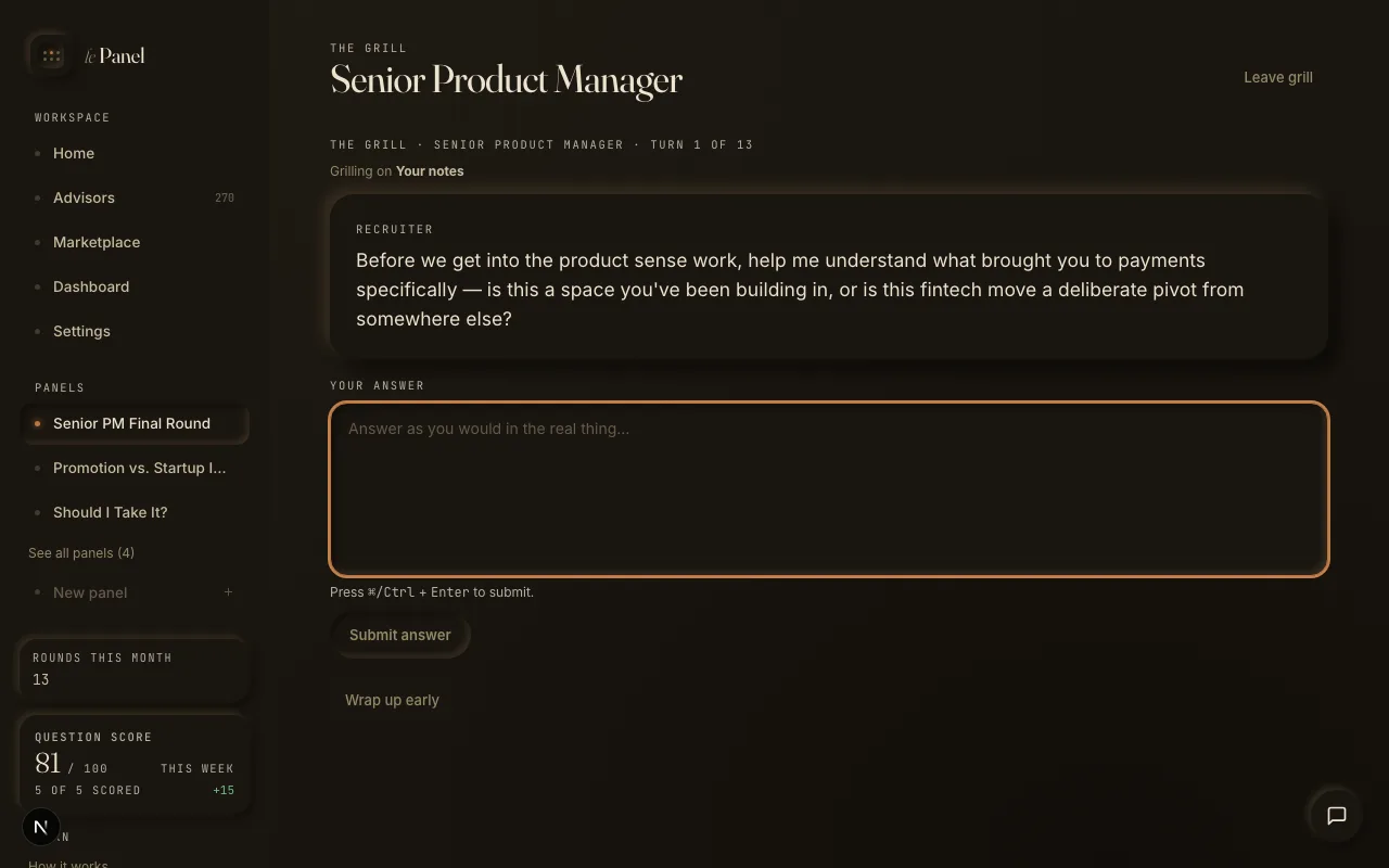 An advisor’s question in the grill, with the empty answer box below it.