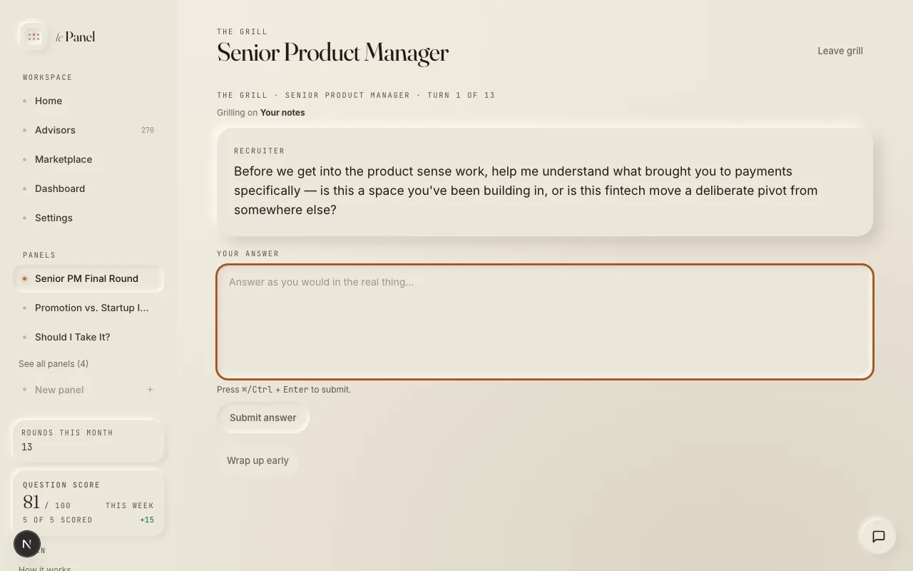 An advisor’s question in the grill, with the empty answer box below it.